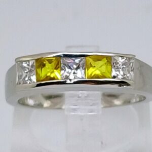 Vintage 90s Silver Tone Yellow Clear Princess Cut Channel Set Band Ring Size 8